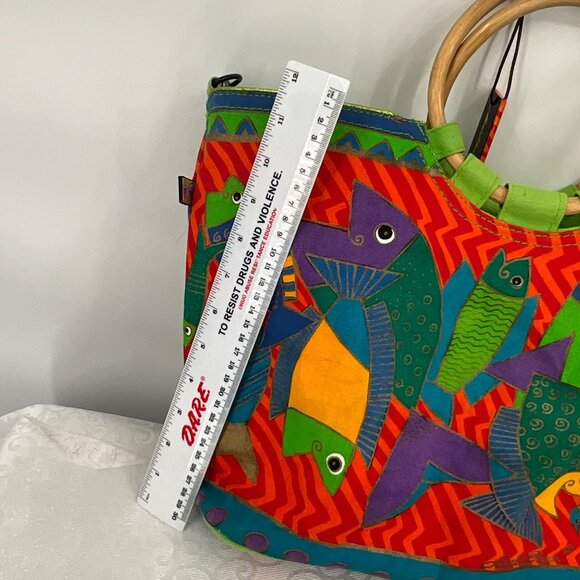 Laurel Burch Fish Print Canvas Handbag With Bamboo Handles & Detachable Strap - Picture 13 of 13